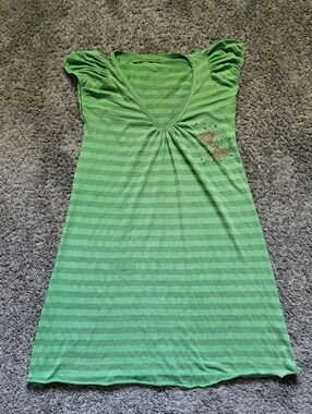 Green Striped V-Neck Midi Dress Size Small Yag Couture Vintage